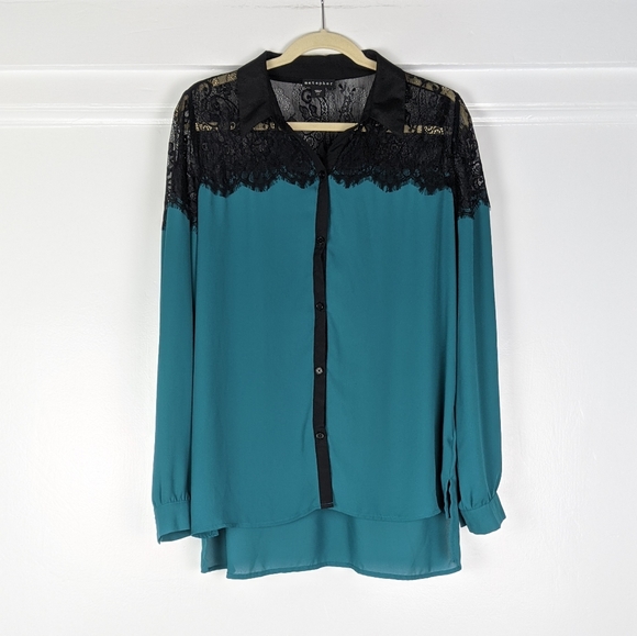 Metaphor Button Down Lace Teal Long Sleeve Top - Picture 1 of 6